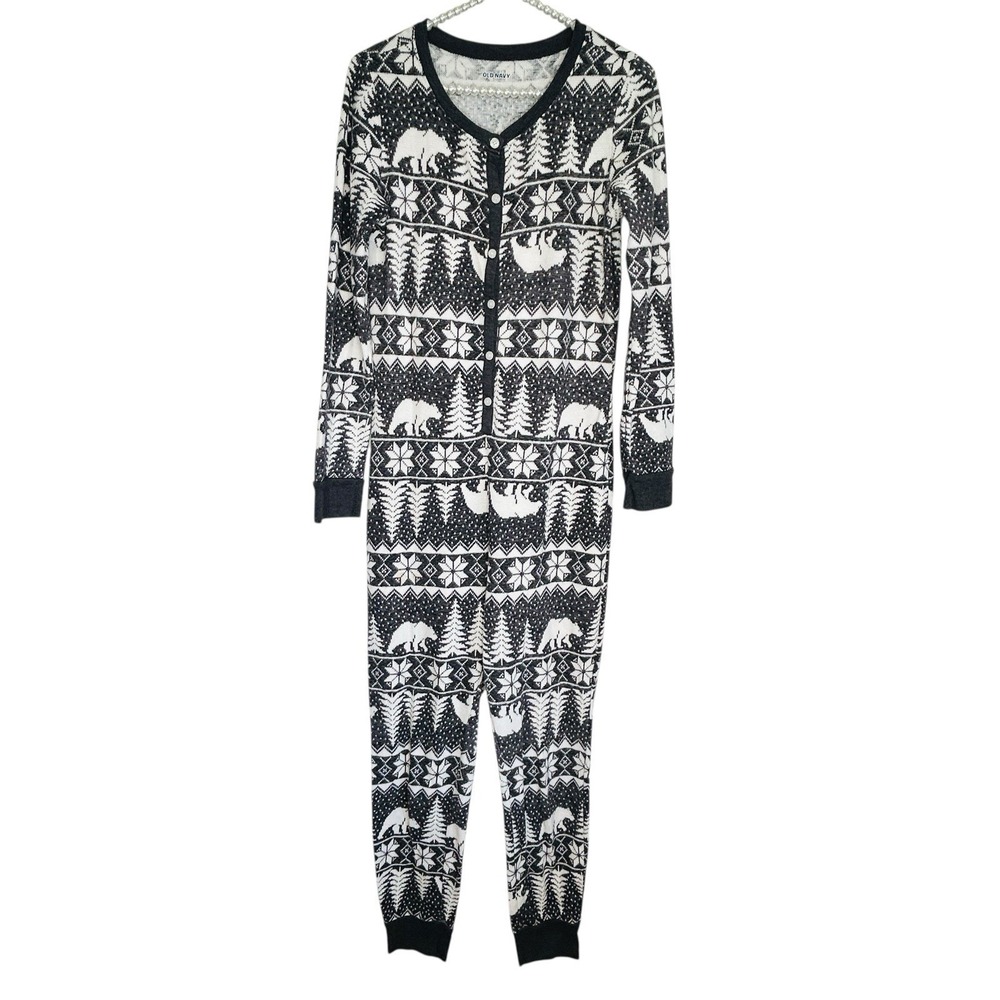 Old Navy One Piece‎ Henley Christmas Pajamas Medium Nordic Holiday Winter Cozy